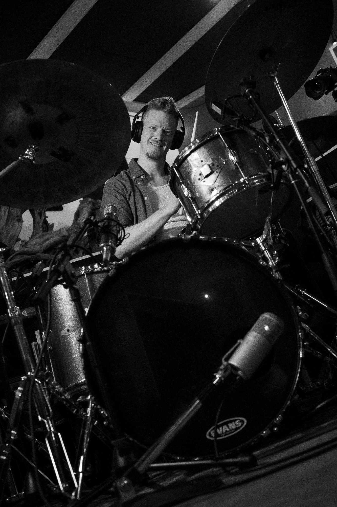 Cymbals and mics set up for a session